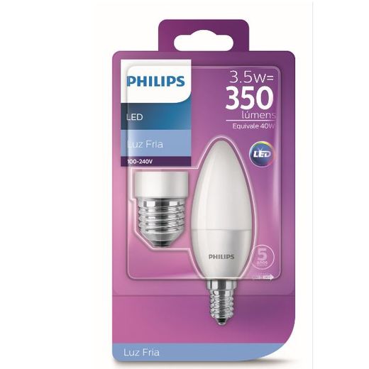 Lâmpada Led Philips 3.5W luz branca fria bulbo vela bivolt base E14 e E27 Menor preço em Lâmpada Led Philips 3.5W luz branca fria bulbo vela bivolt base E14 e E27